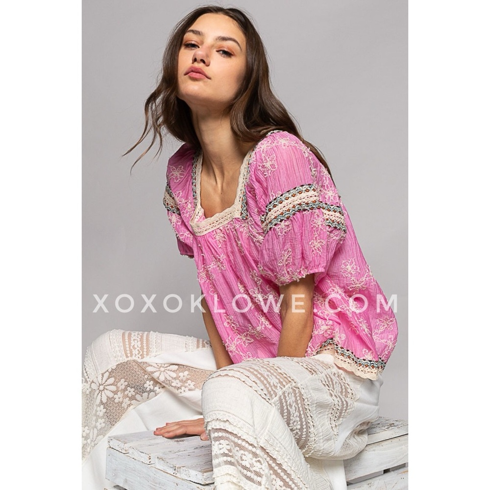 POL Pink Floral Embroidered Square Neck Half Sleeve Chiffon Top - Picture 9 of 11